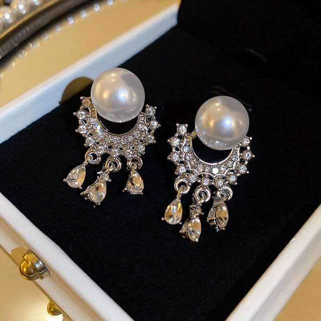Faux Drop Rhinestone Fringed Earring Pearl