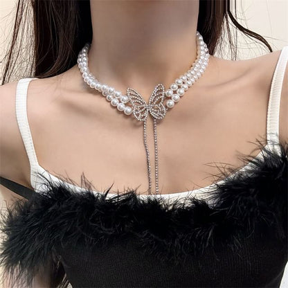 Rhinestone Alloy Butterfly Pearl Choker Faux