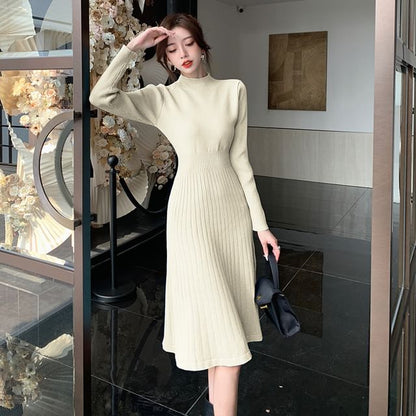 Long-Sleeve Mock Neck Plain A-Line Sweater Dress