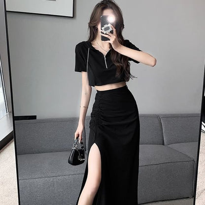 Set: Short-Sleeve Plain Hooded Cropped Tee + High Rise Side-Slit Midi Pencil Skirt