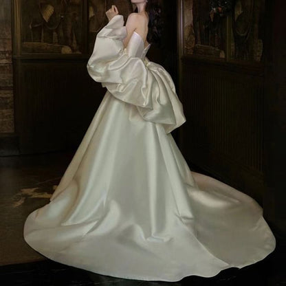 Set: Strapless Sweetheart Neckline Plain Trained Satin A-Line Ball Gown + Shawl