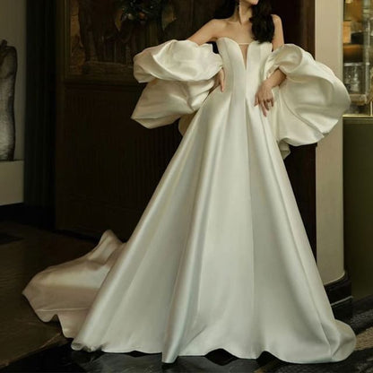 Set: Strapless Sweetheart Neckline Plain Trained Satin A-Line Ball Gown + Shawl