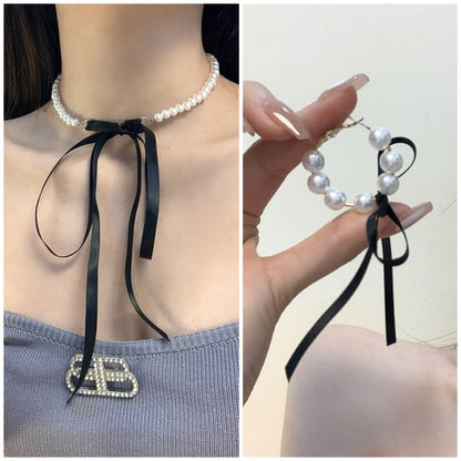 Pearl Faux Bow / Hoop Earring Choker