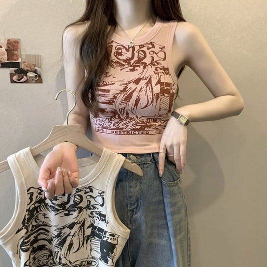 Round Tank Graphic Print Top Crop Neck