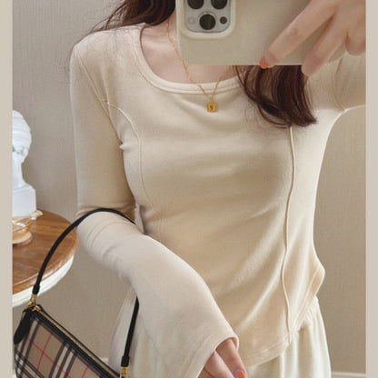 Asymmetrical Long-Sleeve Neck Plain Scoop T-Shirt