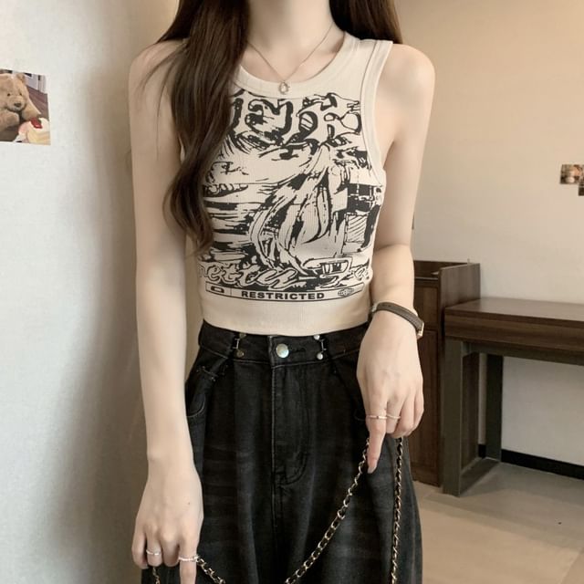 Round Tank Graphic Print Top Crop Neck