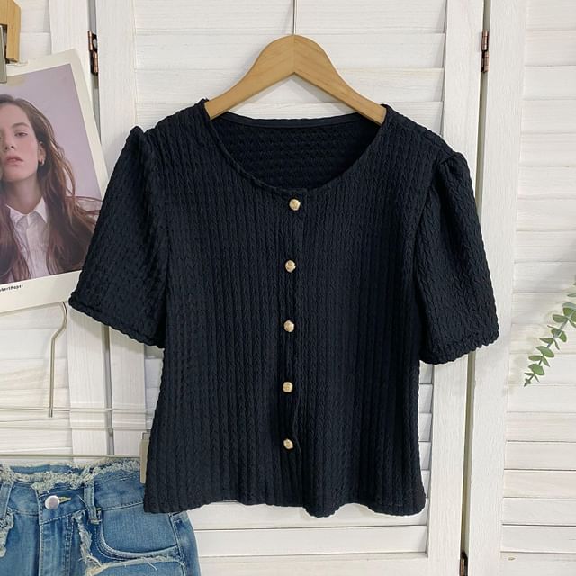 Short-Sleeve V-Neck Button-Up Top