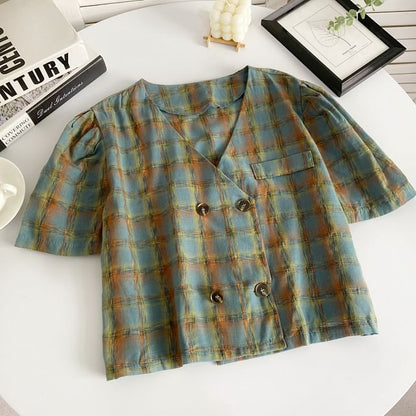 Short-Sleeve Double Breasted Plaid Shirt