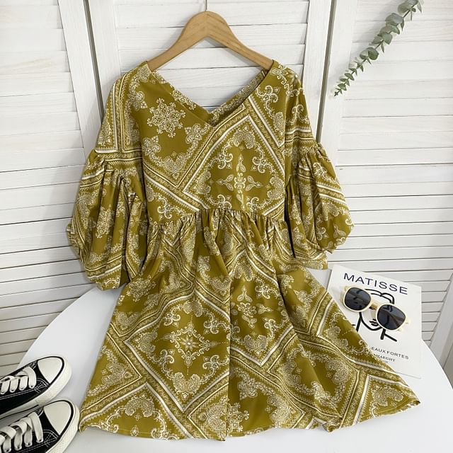 Elbow-Sleeve V-Neck Print Mini A-Line Dress