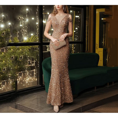 Cold Sequin Fringe Beaded Dress Trumpet Shoulder Sleeve Evening Cap