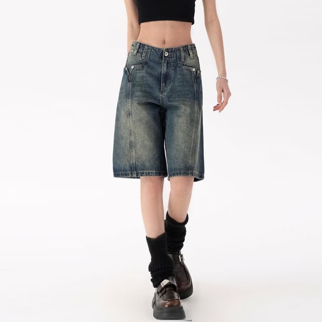 Denim Mid Washed Rise Shorts