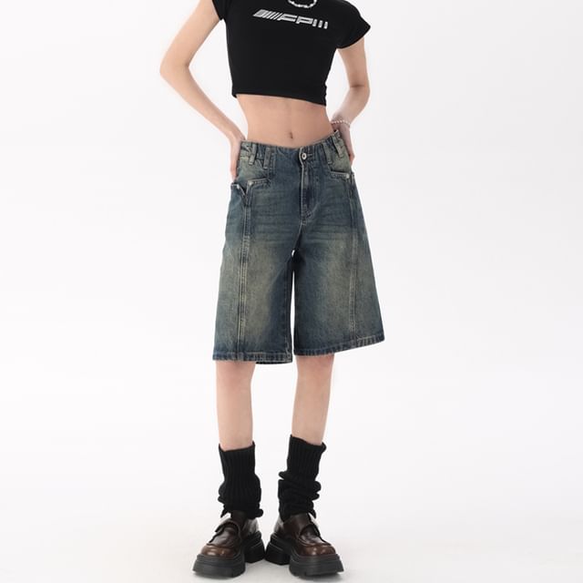 Denim Mid Washed Rise Shorts