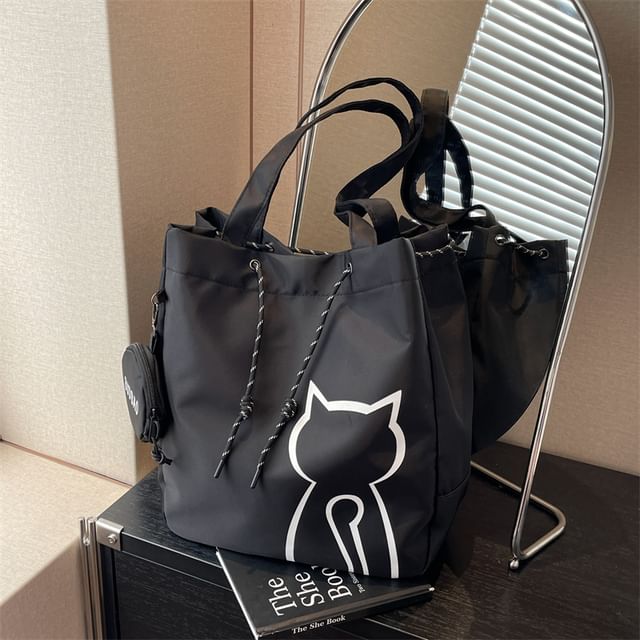 Set: Cat Print Drawstring Fabric Tote Bag + Pouch