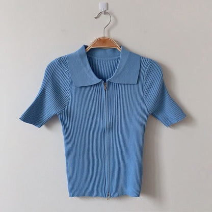 Short-Sleeve Collared Plain Zip Knit Top