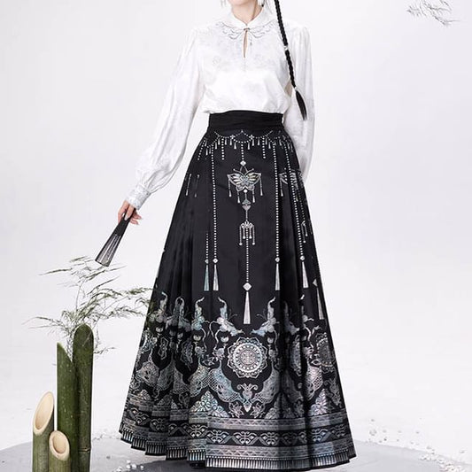 Traditional Chinese Long-Sleeve Top / Print Maxi A-Line Pleated Skirt / Set