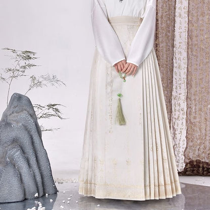 Traditional Chinese Long-Sleeve Top / Pleated Maxi A-Line Skirt