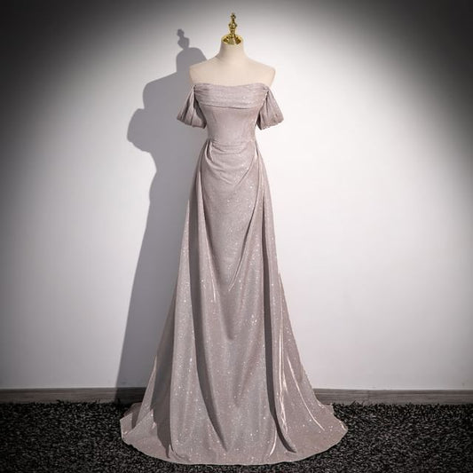 Robe de soirée trapèze pailletée à épaules dénudées