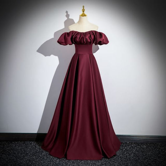 Robe de soirée unie à manches bouffantes et épaules dénudées