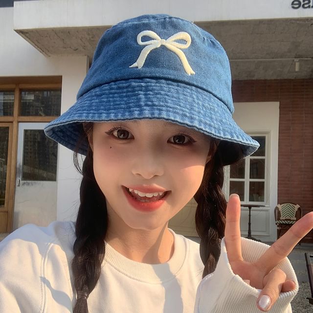 Embroidered Bow Hat Bucket Denim
