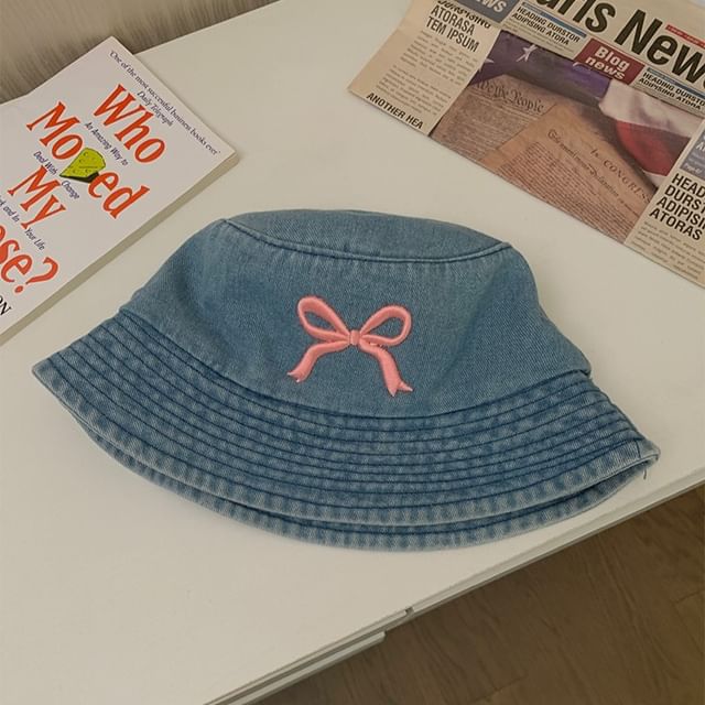 Bow Embroidered Denim Bucket Hat