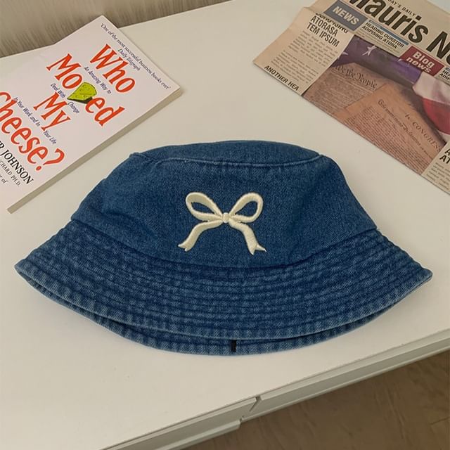 Embroidered Bow Hat Bucket Denim