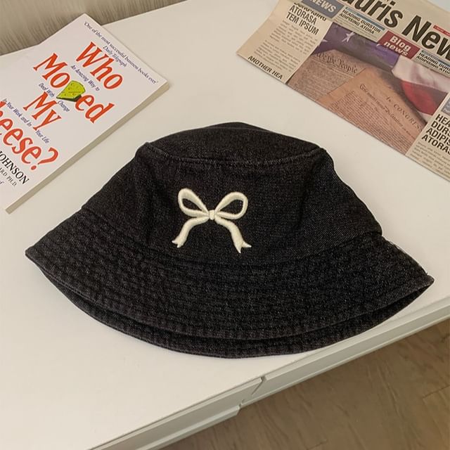 Embroidered Bow Hat Bucket Denim