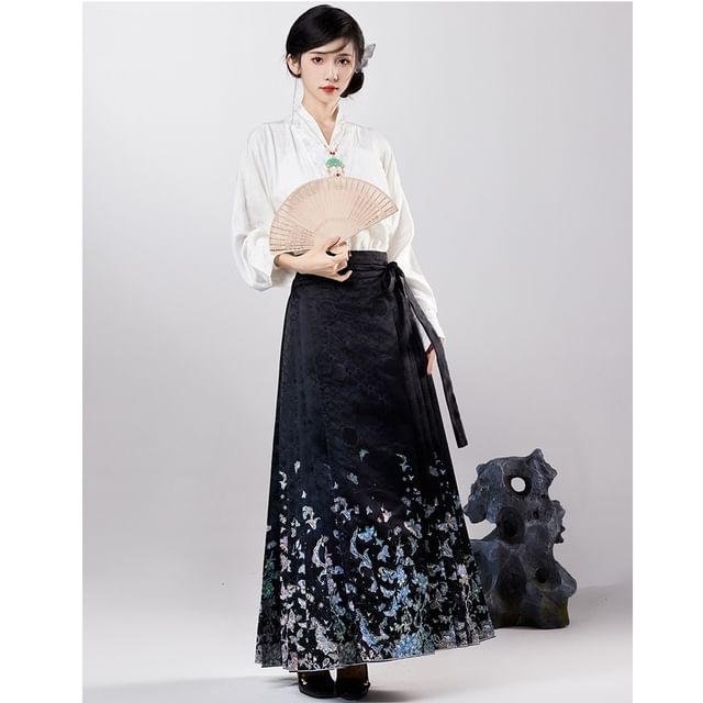 High Waist Butterfly Print Maxi Ma Mian Skirt