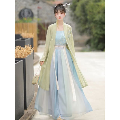 Flower Embroidered Hanfu Robe / Camisole Top / High Waist Gradient Maxi Skirt / Set