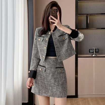 Set: Contrast Trim Crop Button Jacket + High Waist Mini A-Line Skirt