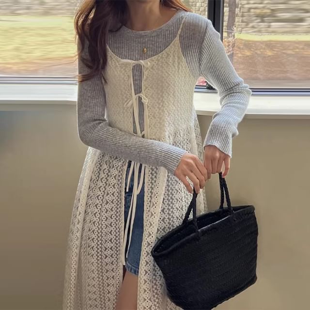 Spaghetti Strap Tie-Front Midi Lace Jumper Dress