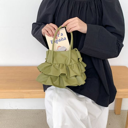 Top Leather Handle Ruffle Crossbody Faux Bag