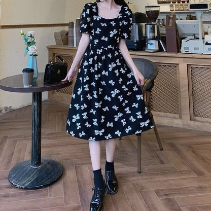 Neck Dress Print A-Line Square Midi Tie Short-Sleeve Bow Panel Back