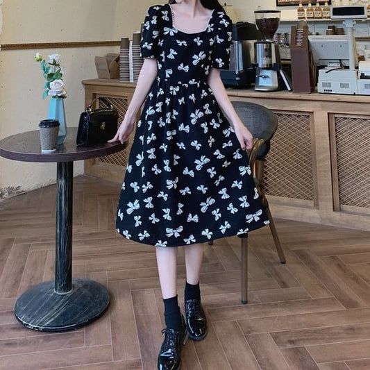 Neck Dress Print A-Line Square Midi Tie Short-Sleeve Bow Panel Back