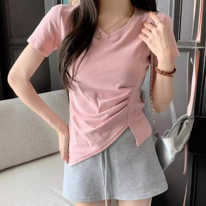 V-Neck Ruched Plain Asymmetrical T-Shirt Short-Sleeve