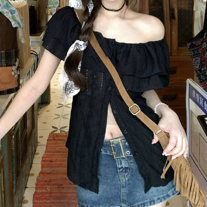 Short-Sleeve Blouse Off Plain Ruffle Shoulder