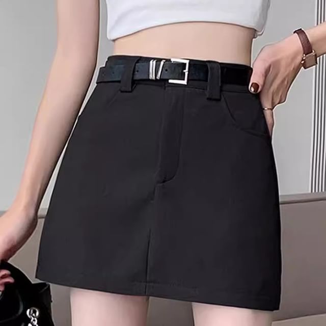 Skirt Plain Belt Waist A-Line High Set: + Mini