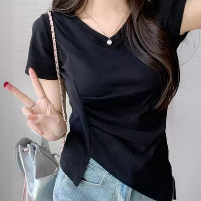 V-Neck Ruched Plain Asymmetrical T-Shirt Short-Sleeve