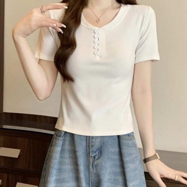 Henley Plain T-Shirt Short-Sleeve