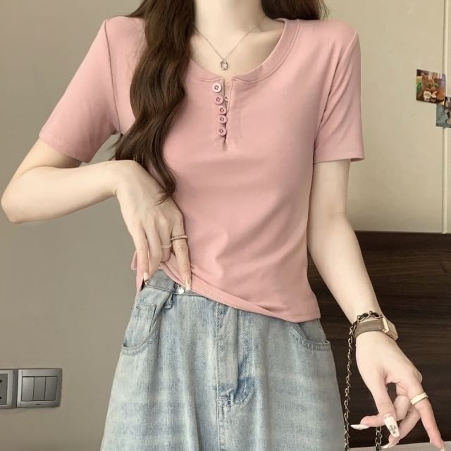 Henley Plain T-Shirt Short-Sleeve