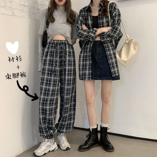 Long-Sleeve Plaid Shirt / Drawstring Waist Baggy Pants