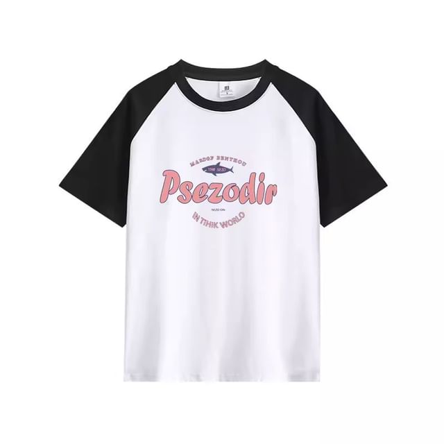 Elbow-Sleeve Round Neck Lettering Raglan Tee