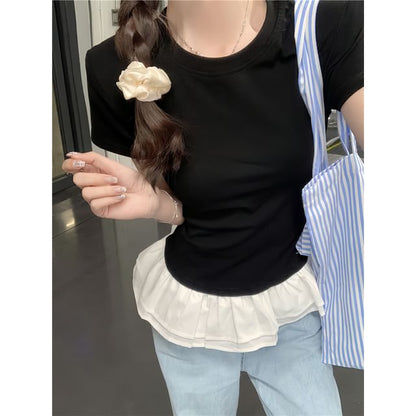 Short-Sleeve Crew Neck Peplum Slim Fit Tee