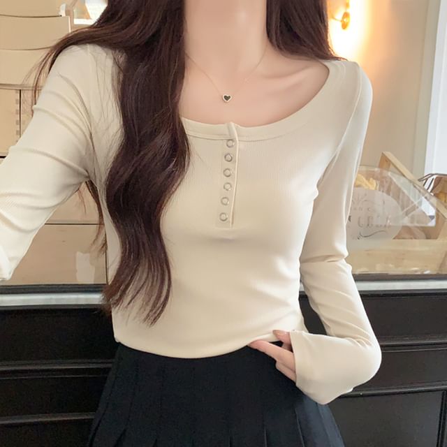 Long-Sleeve Henley Ribbed Crop Slim Fit T-Shirt