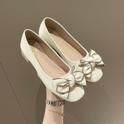 Bow Accent Contrast Trim Faux Leather Flats