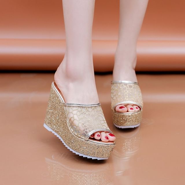 Glitter Plain Slide Sandals Wedge