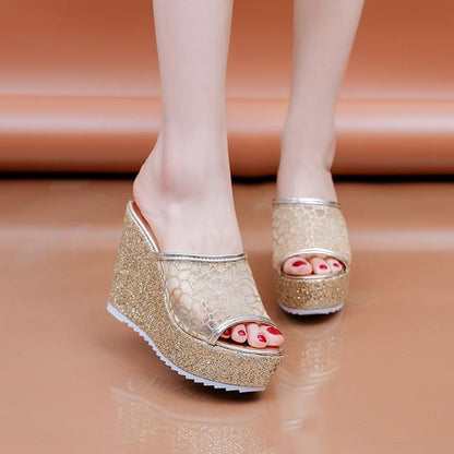 Glitter Plain Slide Sandals Wedge