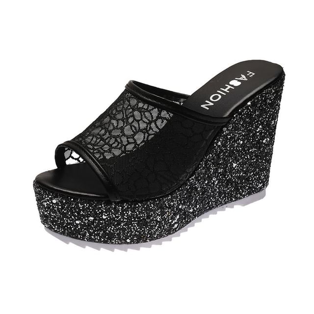 Glitter Plain Slide Sandals Wedge