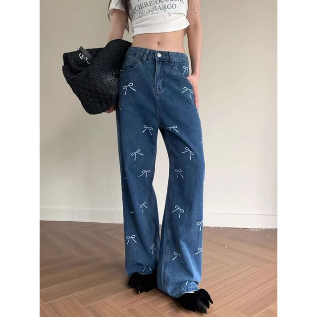 Low Waist Bow Print Wide Leg Jeans