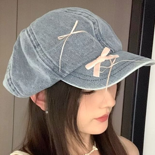Denim Newsboy Ribbon Cap