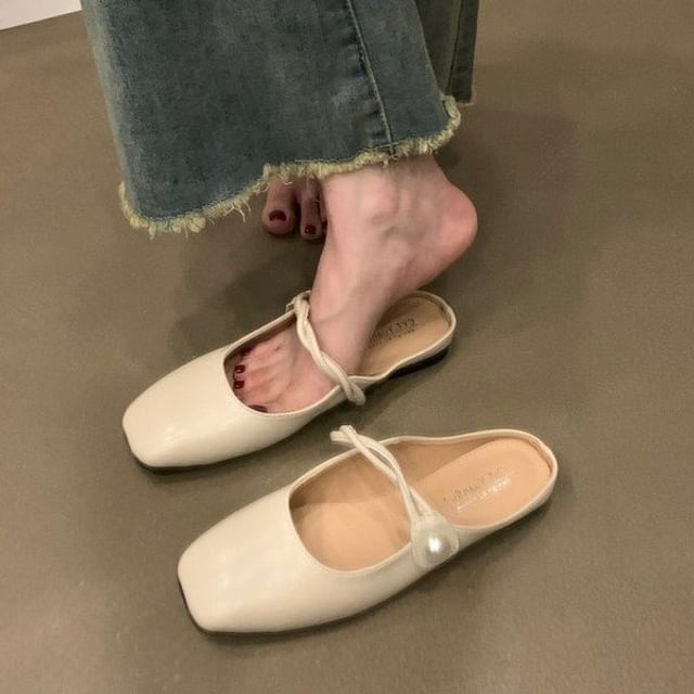 Square-Toe Faux Pearl Buttoned Mules